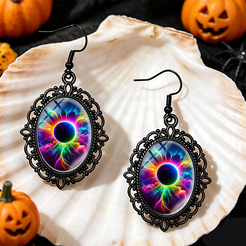 Rainbow Solar Eclipse Oval Earrings, Festive Jewelry Gift